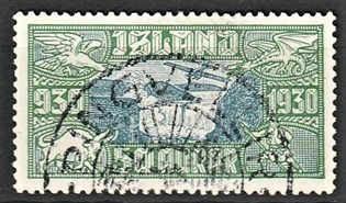 FRIMÆRKER ISLAND | 1930 - AFA 145 - Altingsjubilæum Luftpost - 50 aur grøn/blå - Stemplet